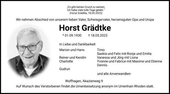 Traueranzeige von Horst Grädtke von HNA
