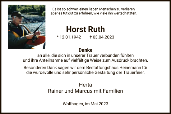 Traueranzeige von Horst Ruth von HNA
