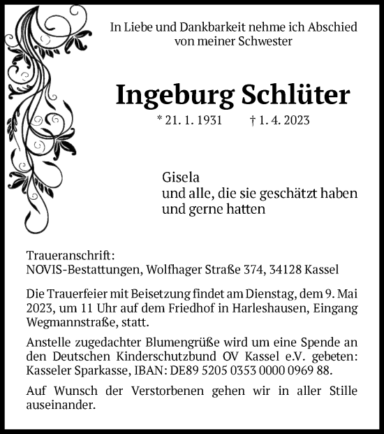 Traueranzeige von Ingeburg Schlüter von HNA
