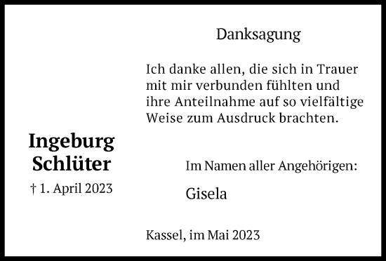 Traueranzeige von Ingeburg Schlüter von HNA