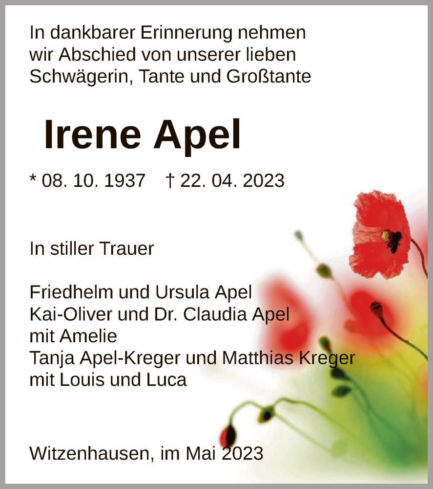  Traueranzeige für Irene Apel vom 06.05.2023 aus HNA