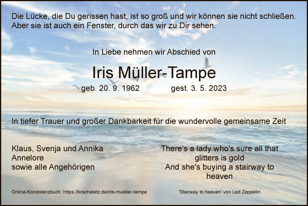  Traueranzeige für Iris Müller-Tampe vom 09.05.2023 aus HNA