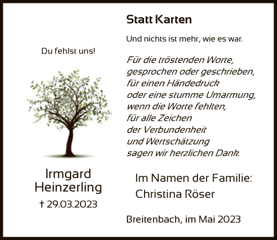 Traueranzeige von Irmgard Heinzerling von HNA