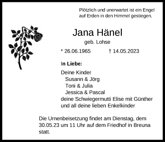 Traueranzeige von Jana Hänel von HNA