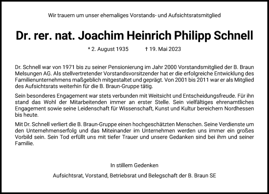 Traueranzeige von Joachim Heinrich Philipp Schnell von HNA
