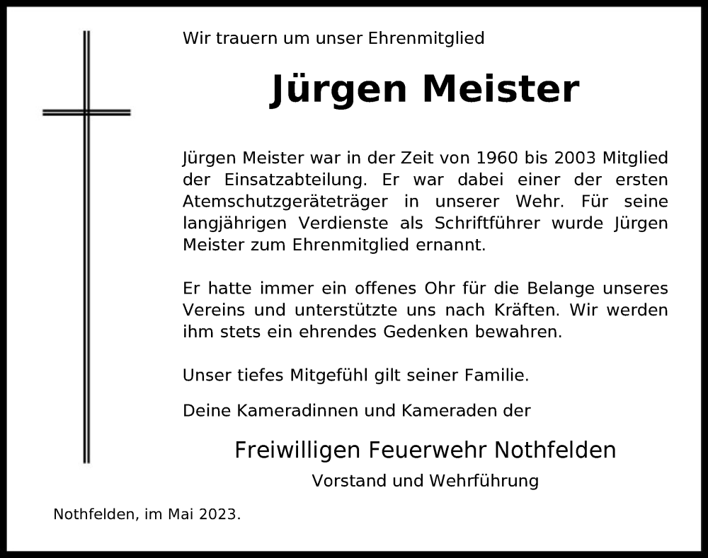  Traueranzeige für Jürgen Meister vom 10.05.2023 aus HNA