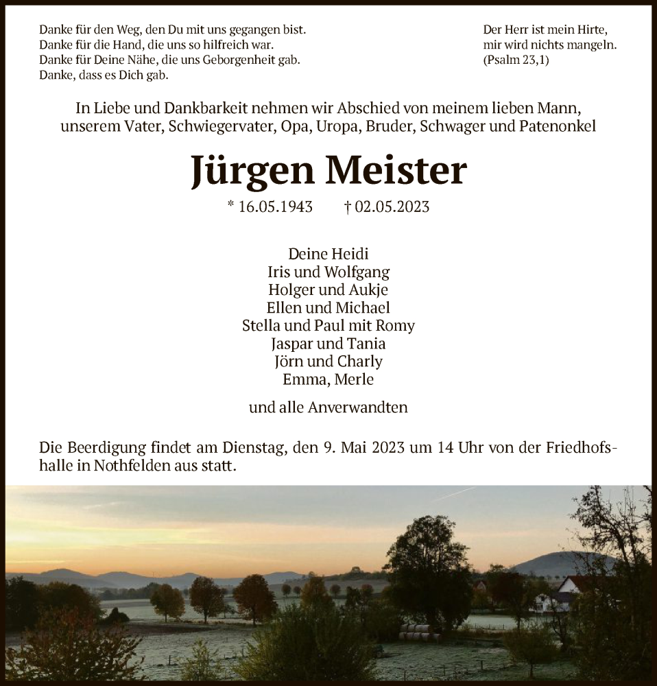  Traueranzeige für Jürgen Meister vom 06.05.2023 aus HNA