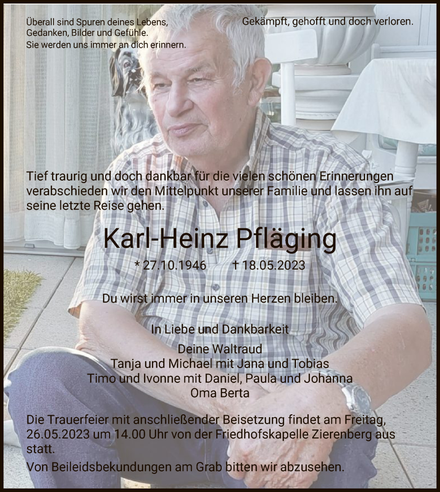  Traueranzeige für Karl-Heinz Pfläging vom 24.05.2023 aus HNA