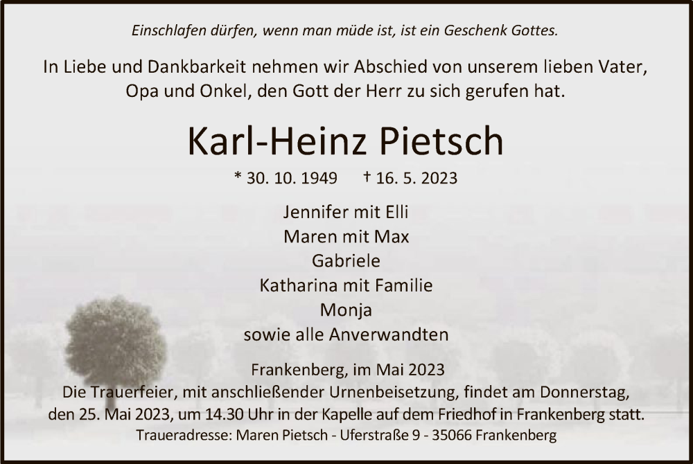  Traueranzeige für Karl-Heinz Pietsch vom 23.05.2023 aus HNA