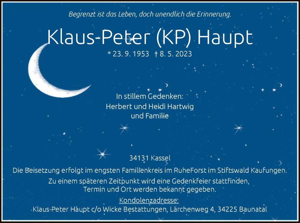  Traueranzeige für Klaus-Peter Haupt vom 13.05.2023 aus HNA