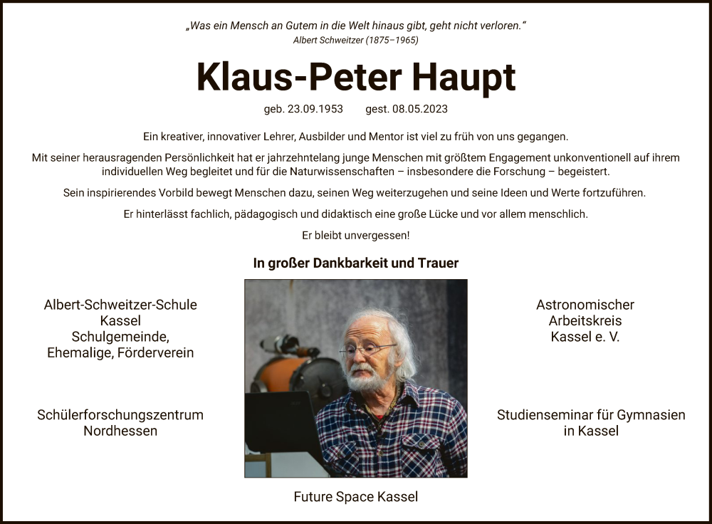  Traueranzeige für Klaus-Peter Haupt vom 17.05.2023 aus HNA