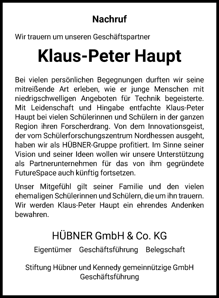  Traueranzeige für Klaus-Peter Haupt vom 13.05.2023 aus HNA