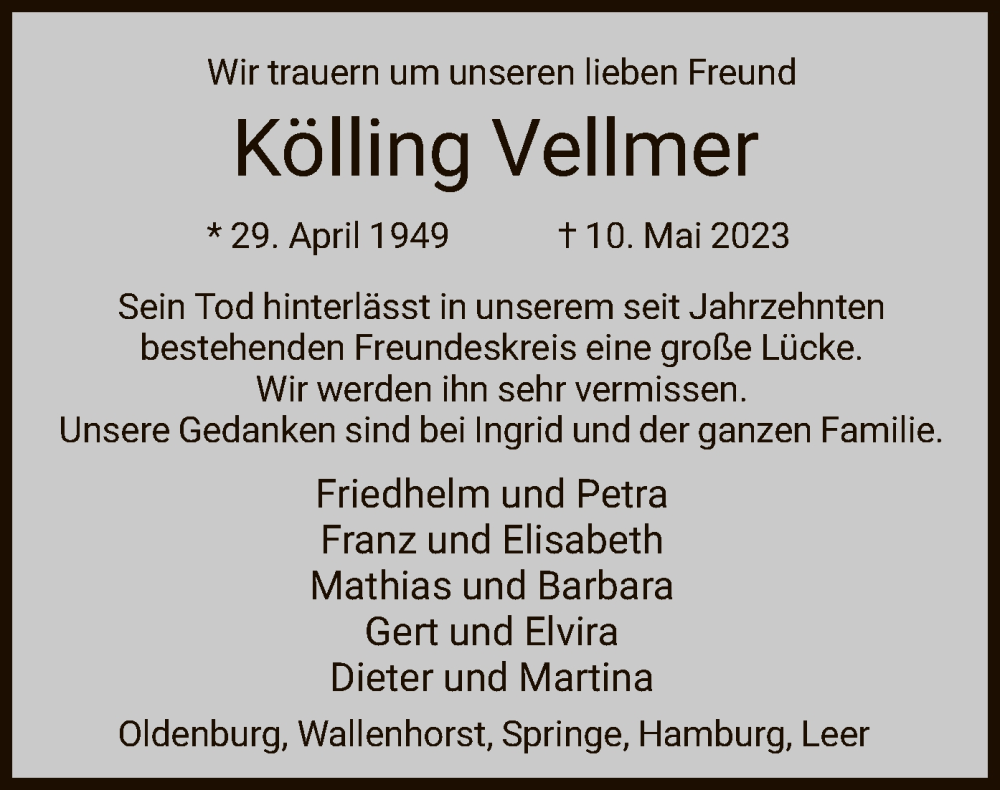  Traueranzeige für Kölling Vellmer vom 20.05.2023 aus HNA
