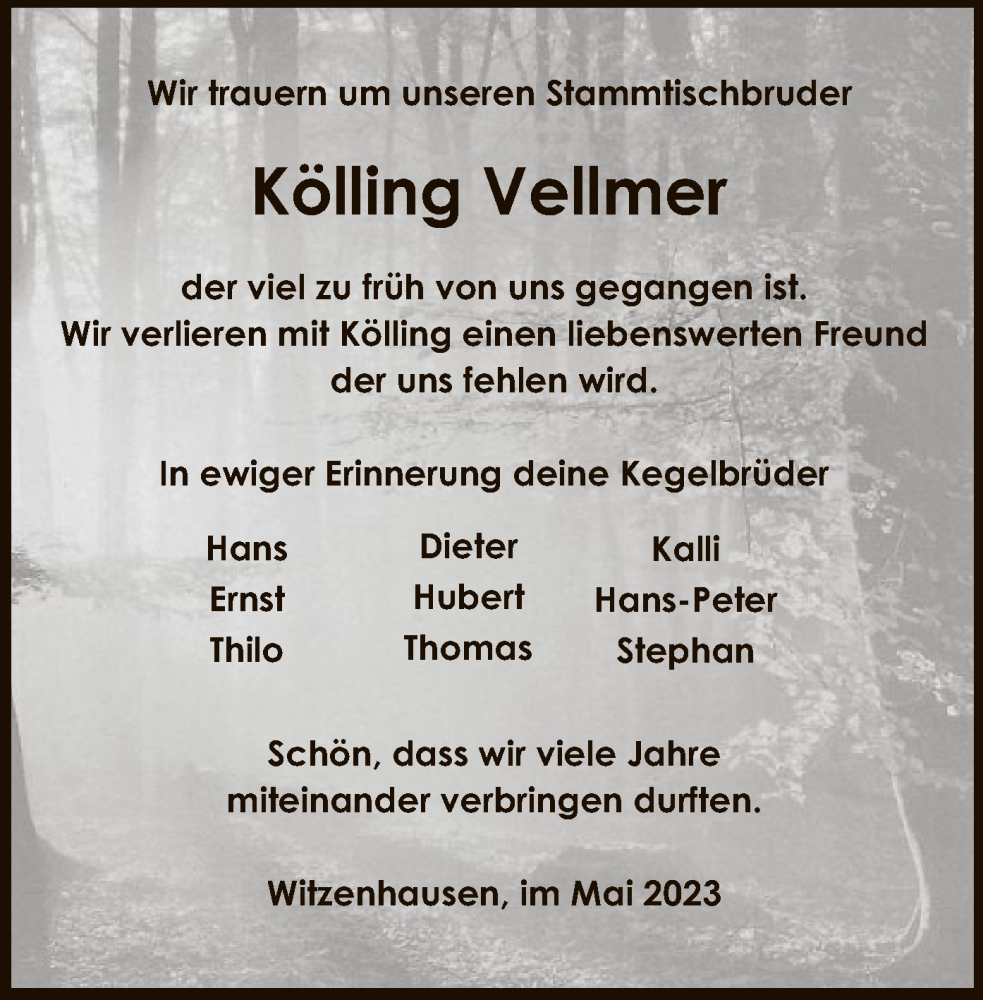  Traueranzeige für Kölling Vellmer vom 20.05.2023 aus HNA