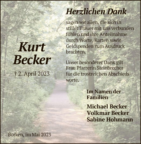 Traueranzeige von Kurt Becker von HNA