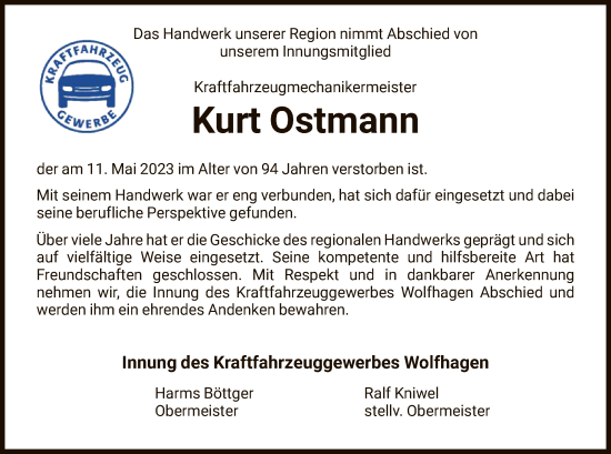 Traueranzeige von Kurt Ostmann von HNA