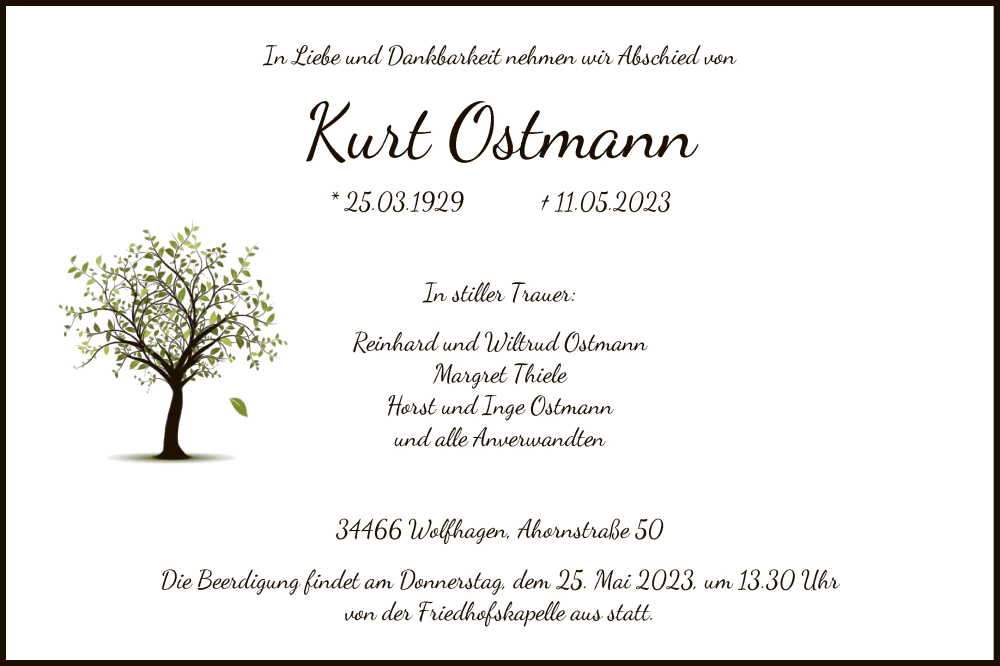  Traueranzeige für Kurt Ostmann vom 20.05.2023 aus HNA