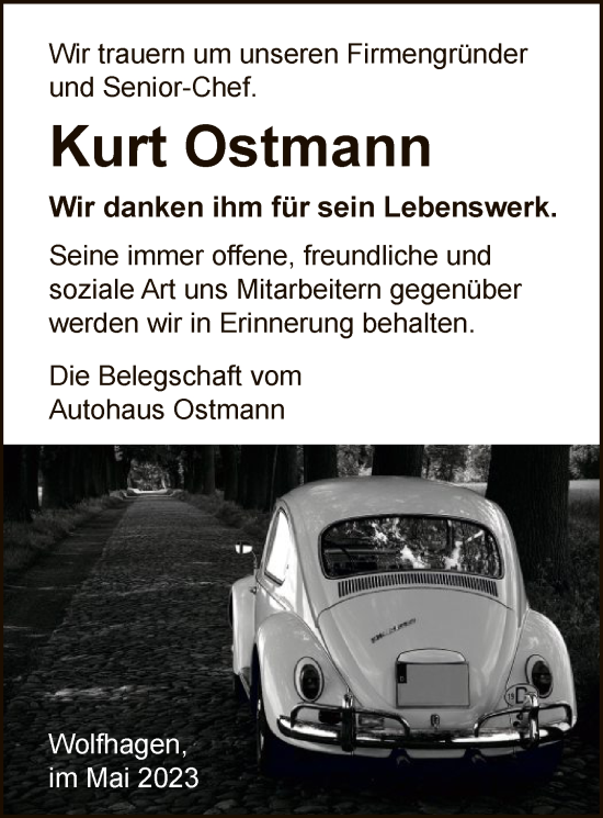 Traueranzeige von Kurt Ostmann von HNA