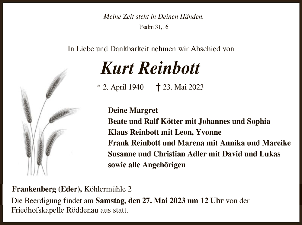  Traueranzeige für Kurt Reinbott vom 25.05.2023 aus HNA