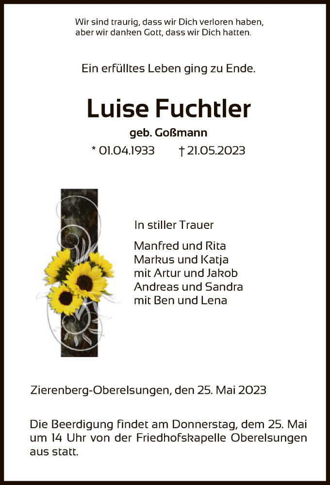  Traueranzeige für Luise Fuchtler vom 24.05.2023 aus HNA