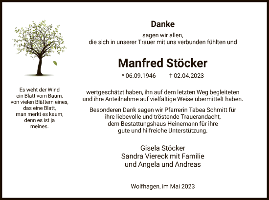 Traueranzeige von Manfred Stöcker von HNA