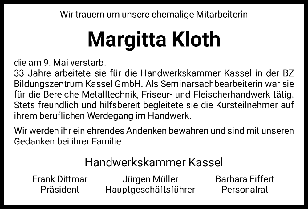  Traueranzeige für Margitta Kloth vom 20.05.2023 aus HNA
