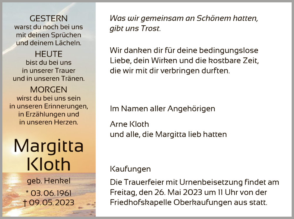  Traueranzeige für Margitta Kloth vom 20.05.2023 aus HNA