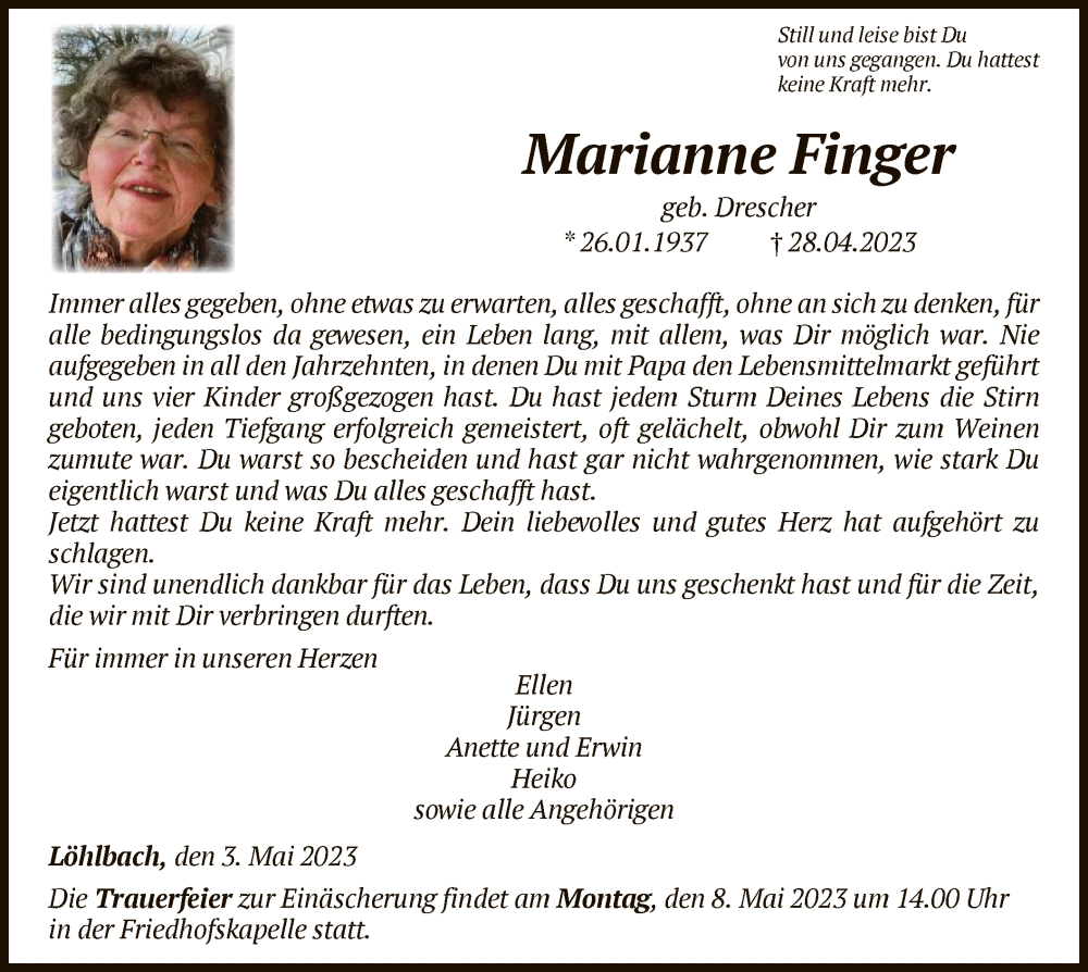 Traueranzeigen von Marianne Finger | Trauer.HNA.de