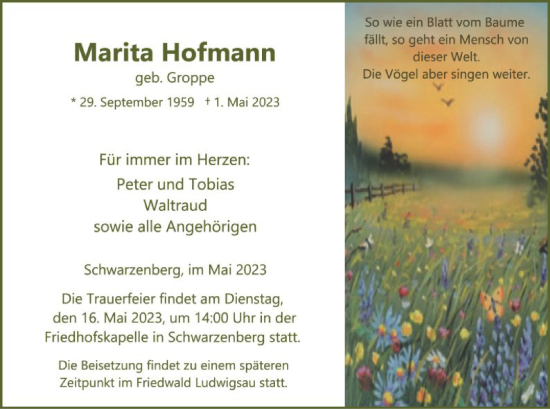 Traueranzeige von Marita Hofmann von HNA