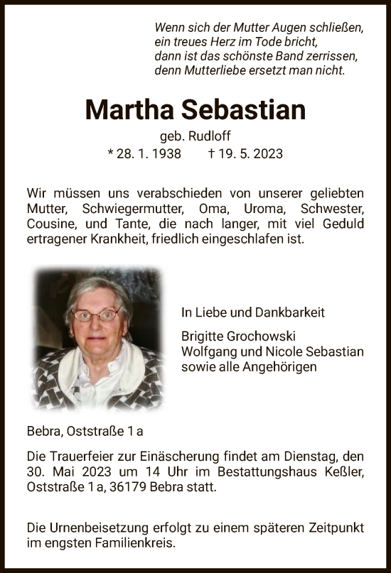 Traueranzeige von Martha Sebastian von HNA