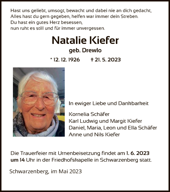 Traueranzeige von Natalie Kiefer von HNA