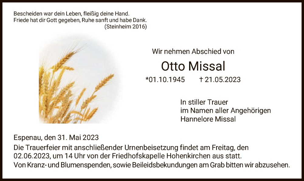 Traueranzeige für Otto Missal vom 31.05.2023 aus HNA