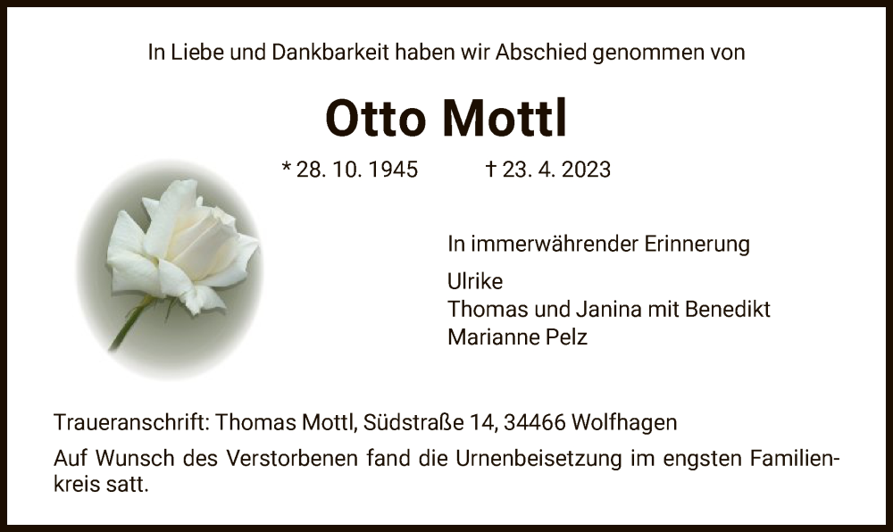  Traueranzeige für Otto Mottl vom 13.05.2023 aus HNA