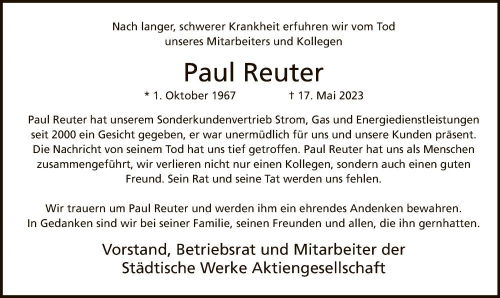  Traueranzeige für Paul Reuter vom 27.05.2023 aus HNA