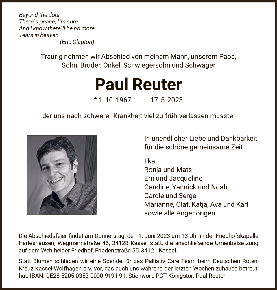  Traueranzeige für Paul Reuter vom 27.05.2023 aus HNA