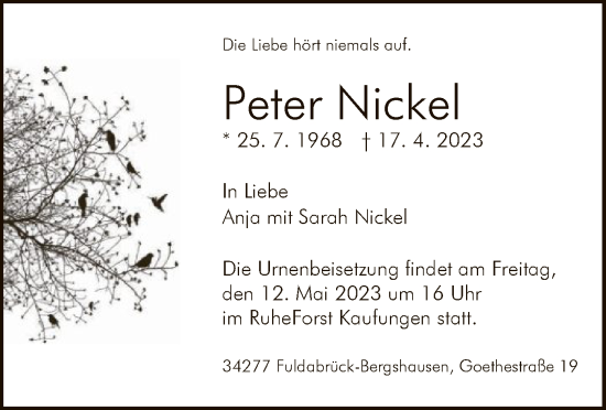 Traueranzeige von Peter Nickel von HNA