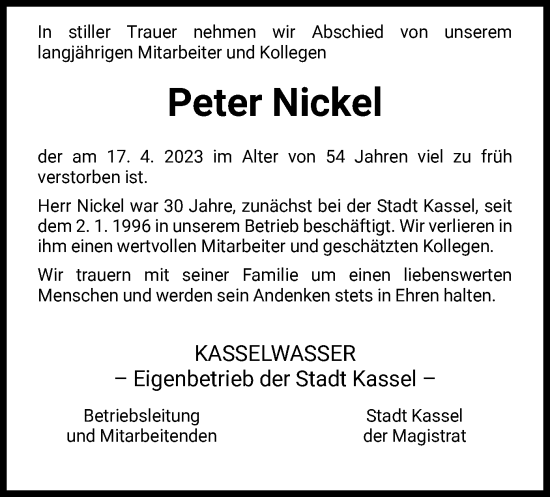 Traueranzeige von Peter Nickel von HNA