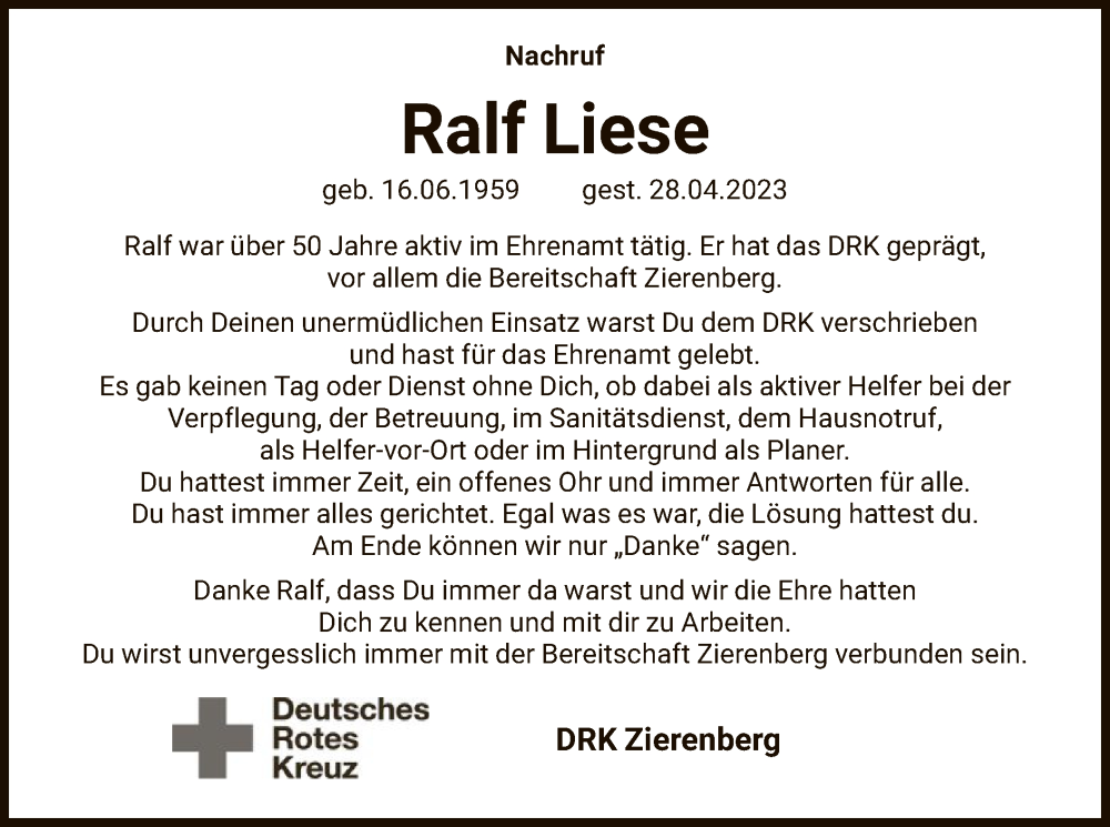  Traueranzeige für Ralf Liese vom 08.05.2023 aus HNA