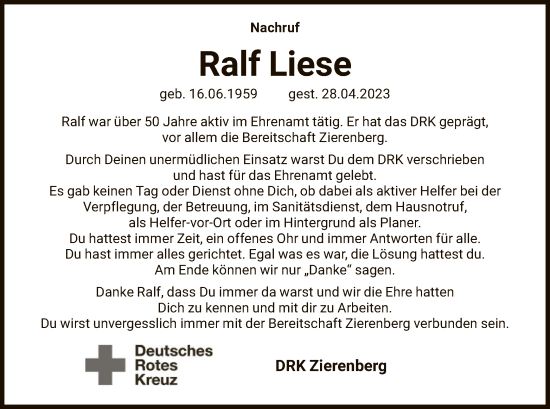 Traueranzeige von Ralf Liese von HNA