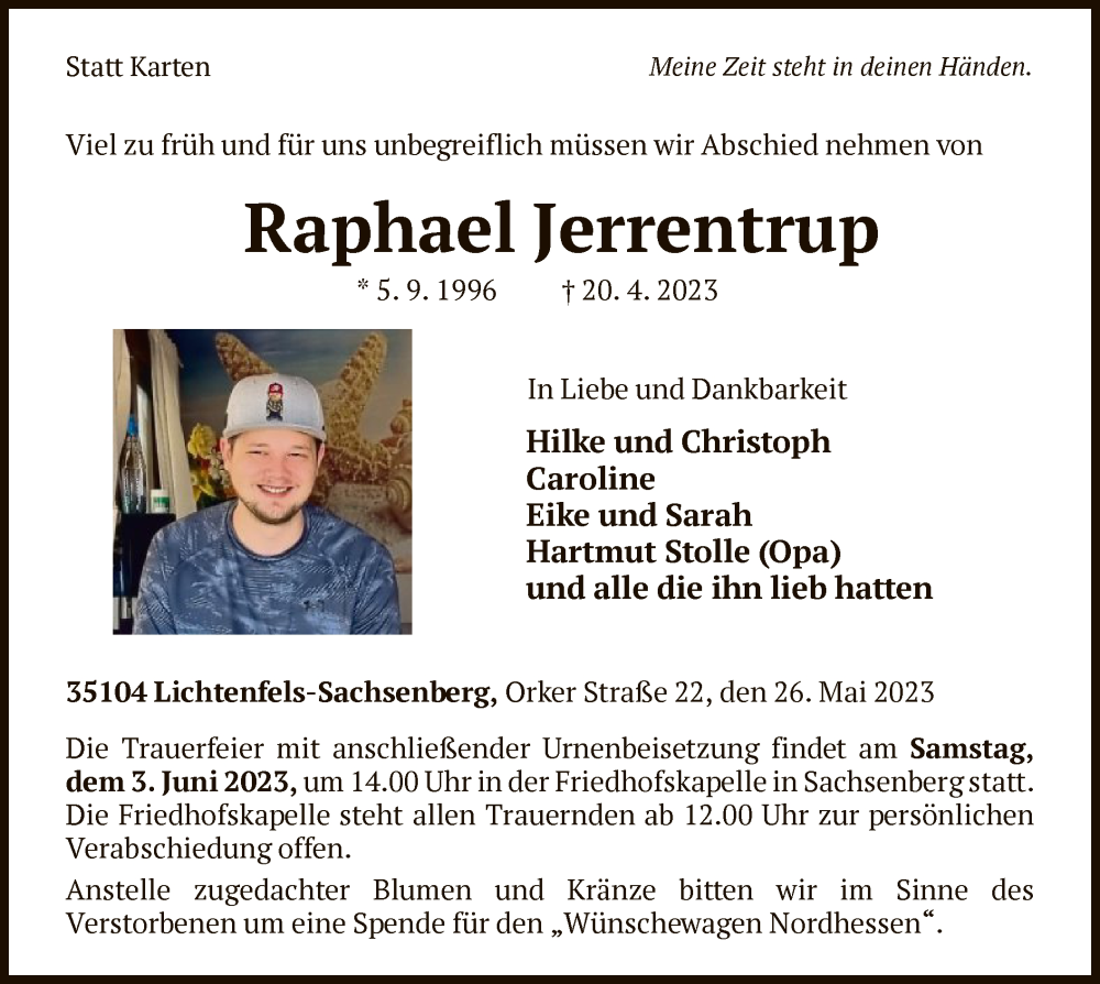  Traueranzeige für Raphael Jerrentrup vom 26.05.2023 aus WLZ