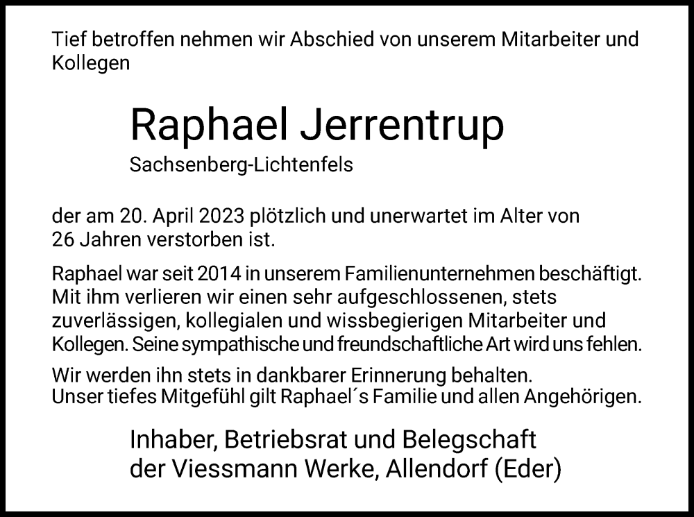  Traueranzeige für Raphael Jerrentrup vom 31.05.2023 aus HNA