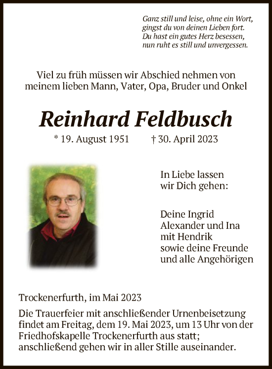 Traueranzeige von Reinhard Feldbusch von HNA