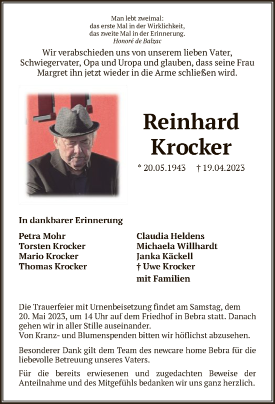 Traueranzeige von Reinhard Krocker von HNA