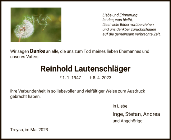 Traueranzeige von Reinhold Lautenschläger von HNA