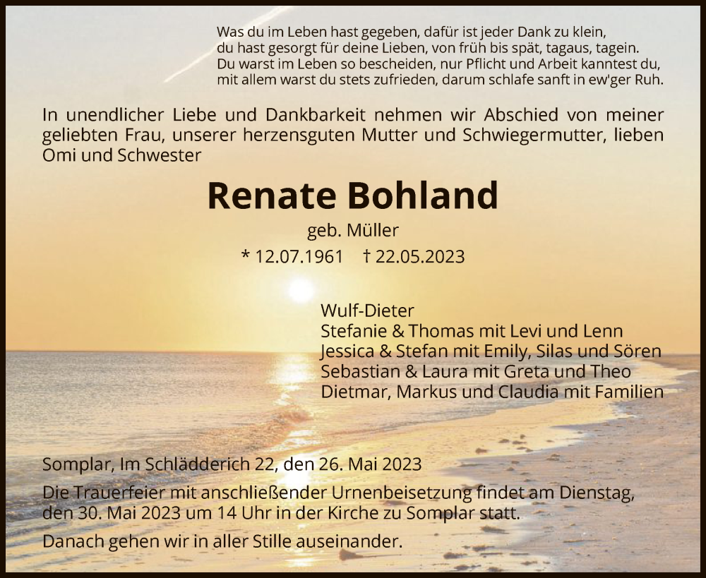  Traueranzeige für Renate Bohland vom 26.05.2023 aus HNA