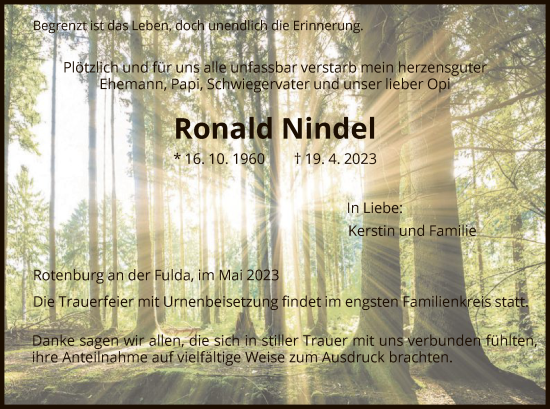 Traueranzeige von Ronald Nindel von HNA