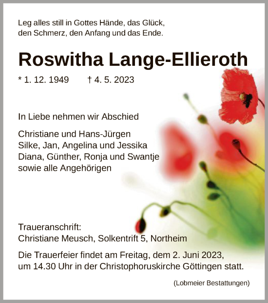 Traueranzeige von Roswitha Lange-Ellieroth von HNA