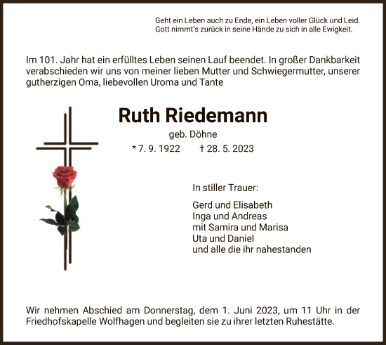 Traueranzeige von Ruth Riedemann von HNA