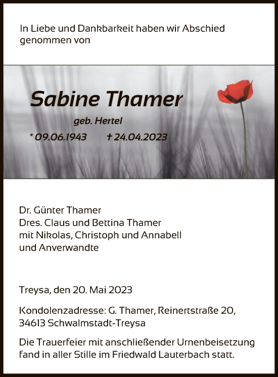 Traueranzeige von Sabine Thamer von HNA