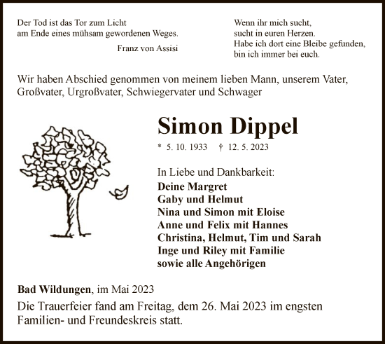 Traueranzeige von Simon Dippel von HNA